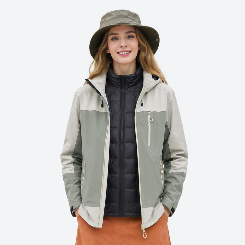 Unisex skin-friendly hardshell jacket for all seasons - gray white colorblock jacket with fleece liner