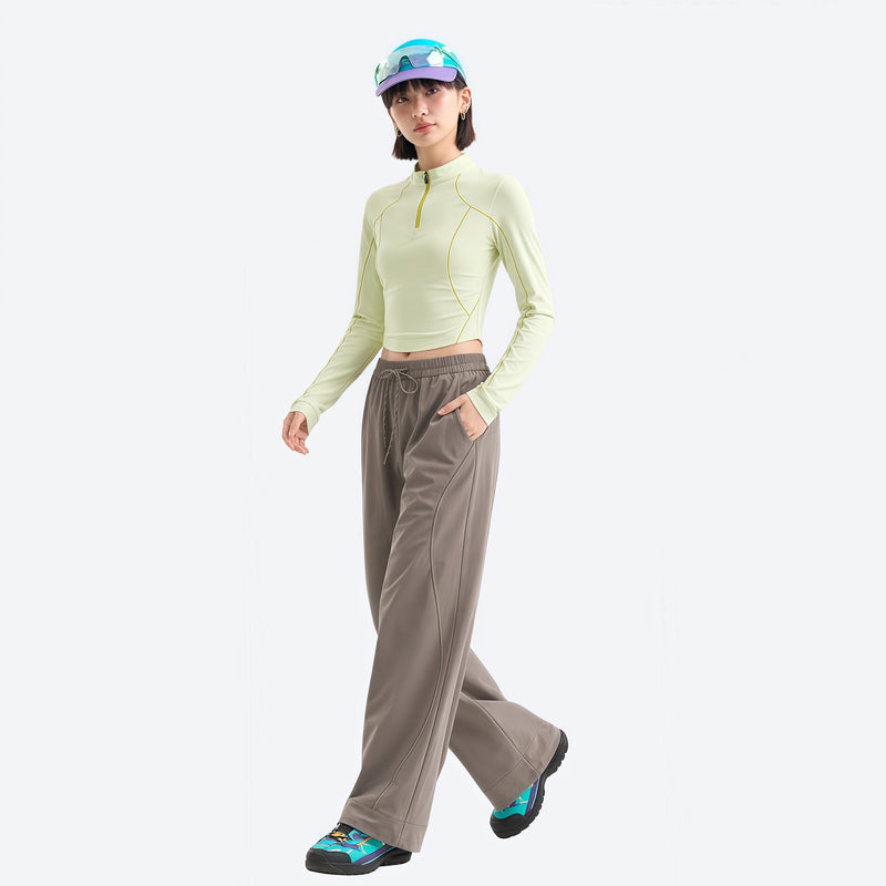 Women's stretchy fitted tee for outdoor - lime cream half-zip long sleeve tee on women with cap, for cycling and commuting