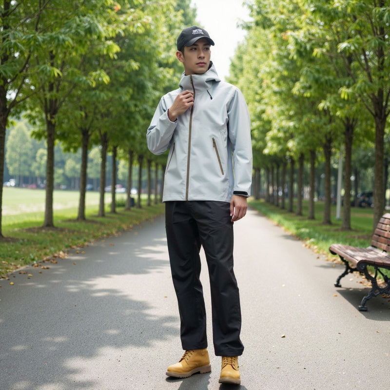 Men's breathable hard shell ski jacket with pit zips - light gray hardshell jacket, for travel and daily commute