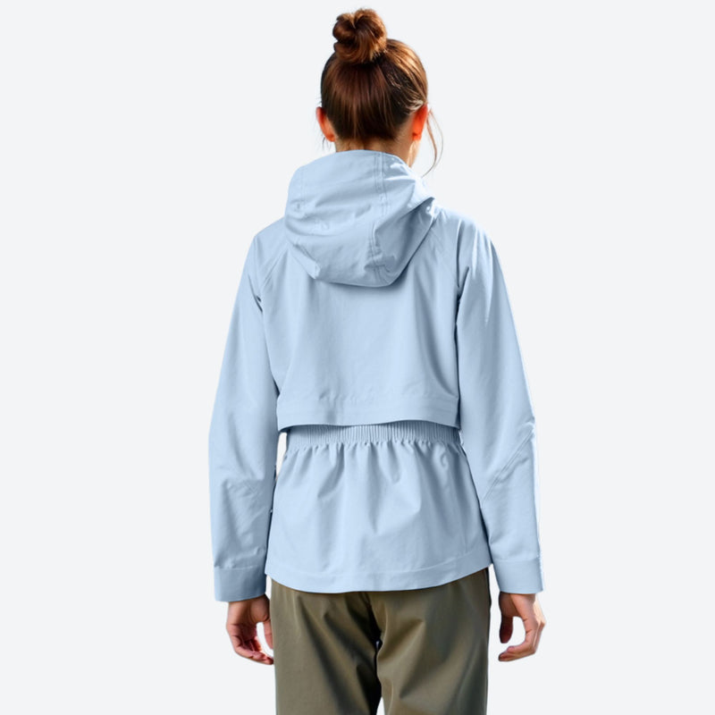 Women's breathable 3-layer shell with waist cinching fit - ice blue hardshell jacket, for travel and daily commute
