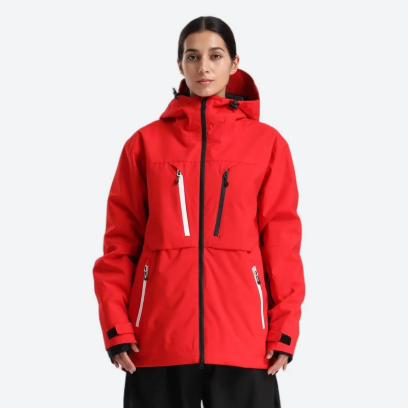 Women's 2-layer snowboard jacket and pants - red jacket, on-model front view, for cold-weather winter sports