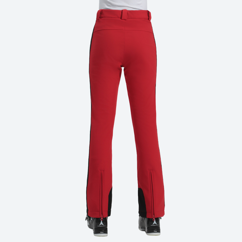 Women's adjustable ski pants with inner snow skirt - red ski pants with black side stripe, for skiing and snowboarding