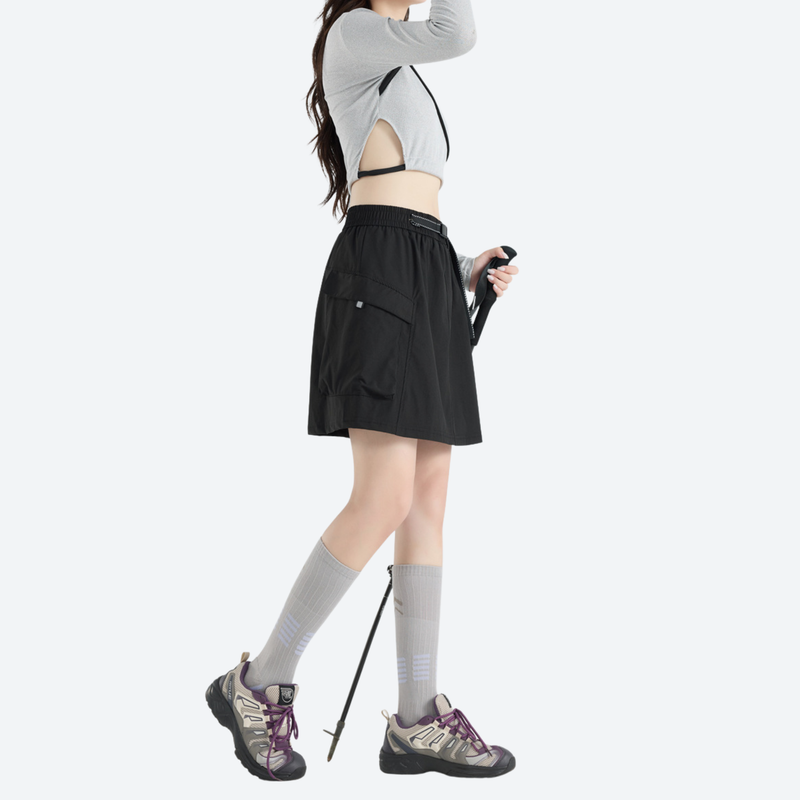 Women's cargo skort with elastic waistband - black cargo skort with built-in shorts, for camping and outdoor weekends