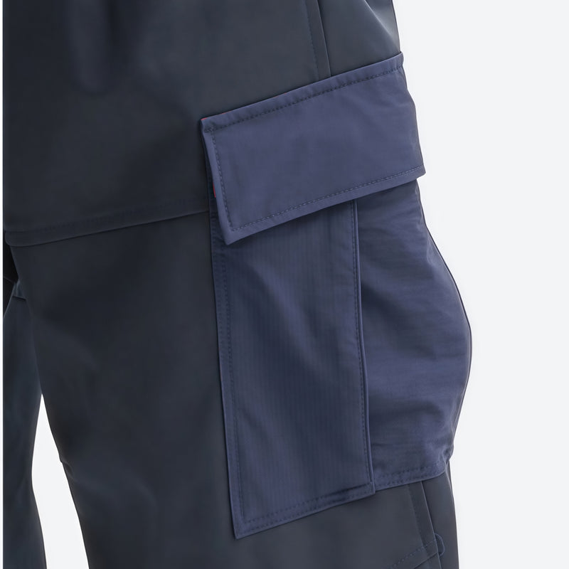 Unisex lightweight softshell outdoor pants - navy, cargo pocket close-up detail, for hiking and travel