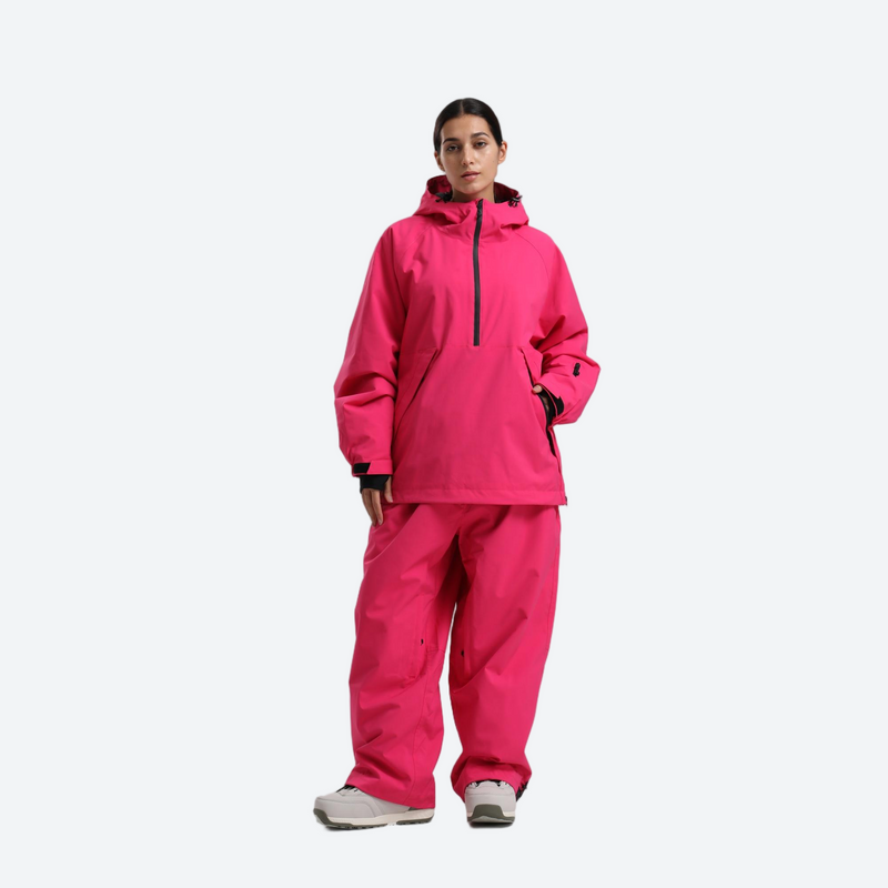 Women's breathable ski pullover jacket and pants set - rose pink anorak jacket and pants set, for skiing and snowboarding