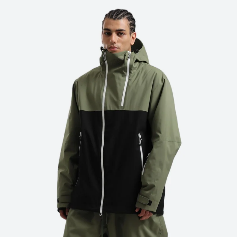 Men's breathable 2L snowboard jacket and pants - olive green and black colorblock, for skiing and snowboarding