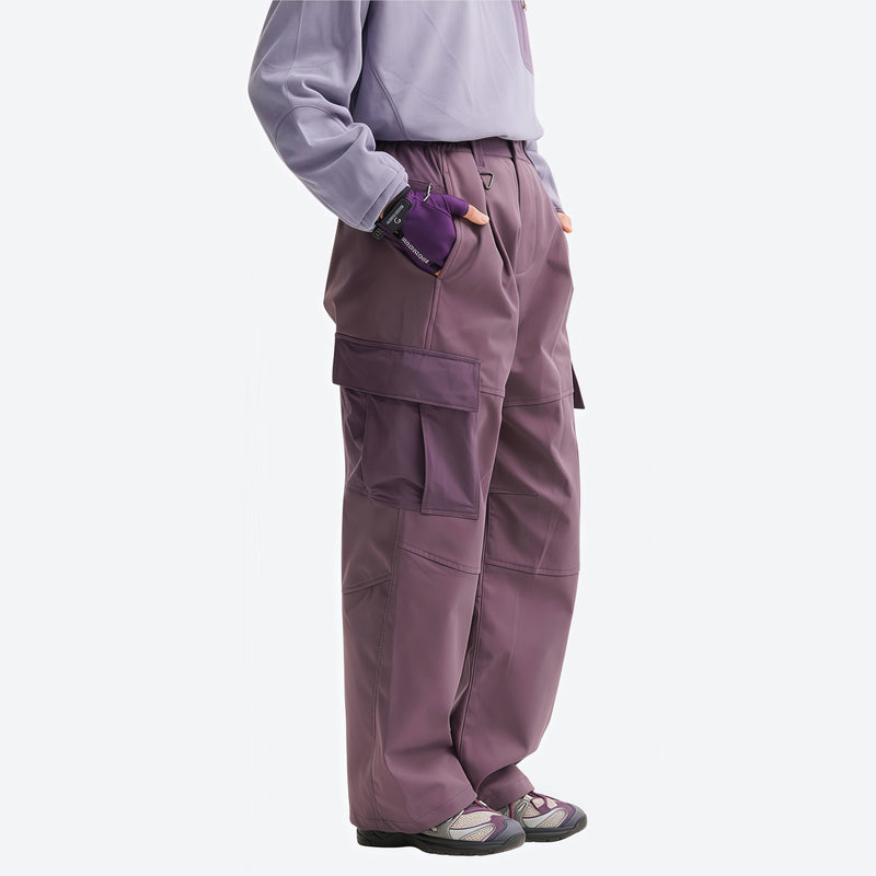 Unisex waterproof softshell jacket and cargo pants - purple cargo pants with lavender top, for cold-weather outdoor wear
