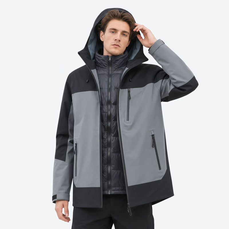 Unisex waterproof 3L 3-in-1 hardshell jacket - black gray colorblock jacket with fleece liner, for cold-weather outdoor wear