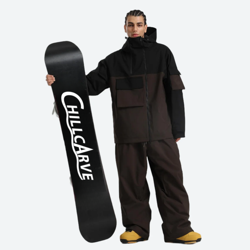 Men's colorblock ski pullover set - black and coffee brown colorblock jacket with coffee pants