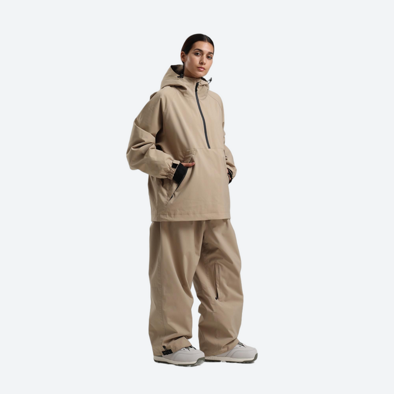 Women's waterproof 2L anorak snow jacket and pants - khaki tan anorak jacket with khaki pants, for resort and street wear
