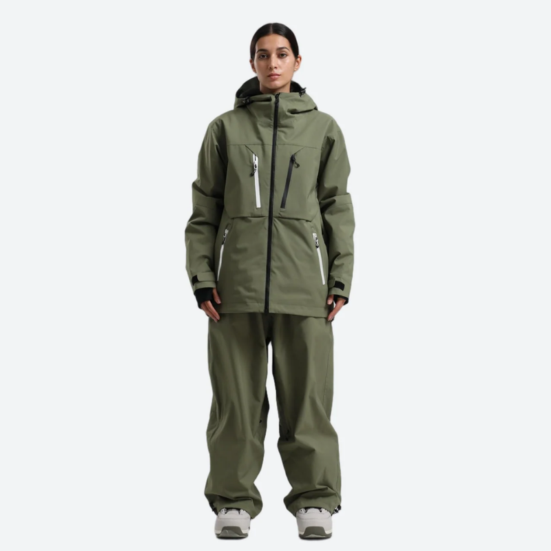 Women's 2-layer snowboard jacket and pants - olive green jacket with olive pants, for skiing and snowboarding