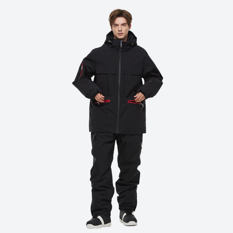 Men's waterproof 2L snow jacket and pants series - black jacket with black pants, for cold-weather winter sports