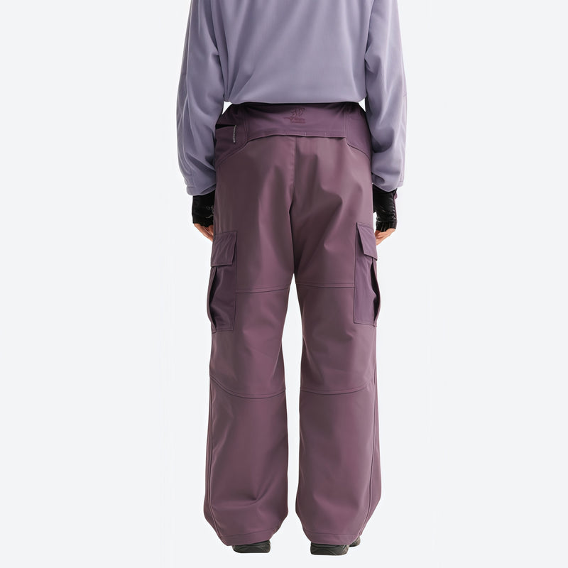 Breathable water-repellent camo softshell set - purple cargo pants with lavender top, for skiing and snowboarding