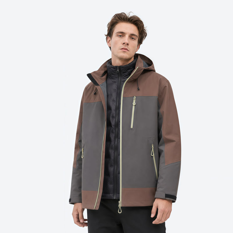 Breathable 3-layer shell with removable fleece liner - brown gray colorblock jacket with fleece liner