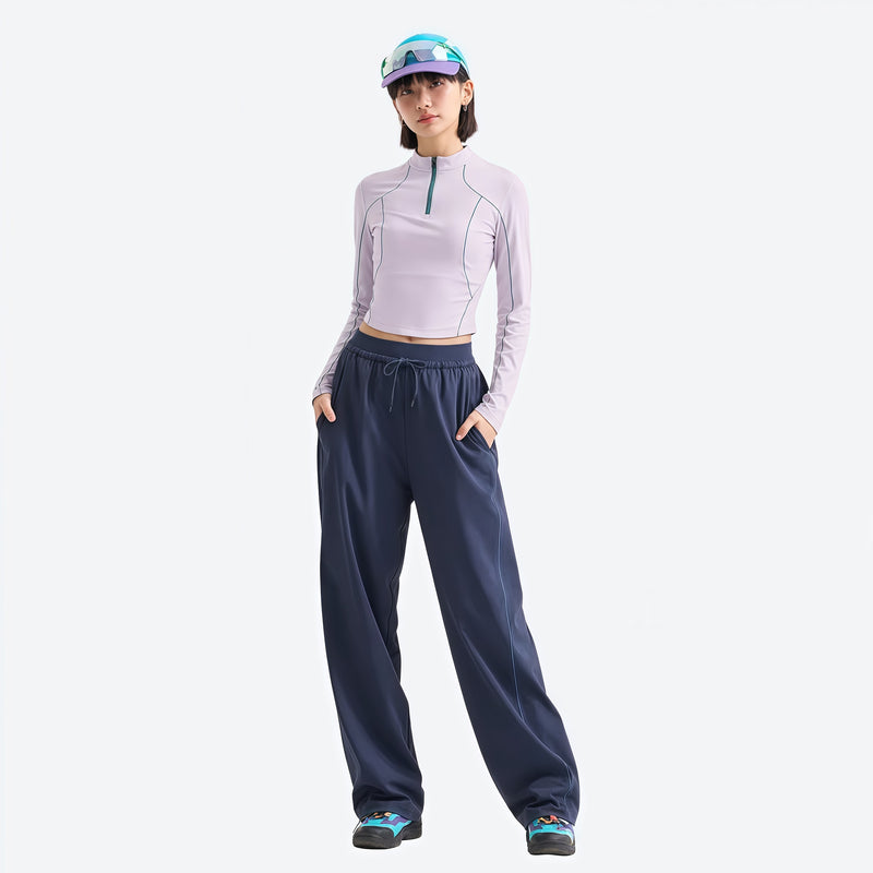 Women's wrinkle-resistant half-zip top - lavender white half-zip long sleeve tee on women, for cycling and commuting