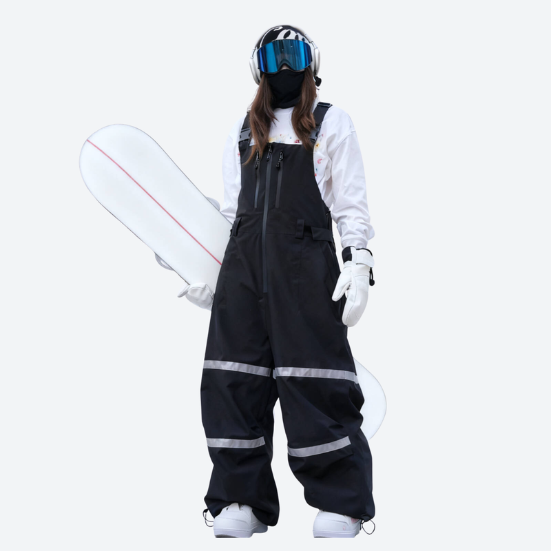 Unisex snowboard bib pants - black bib pants with white top, for cold-weather winter sports
