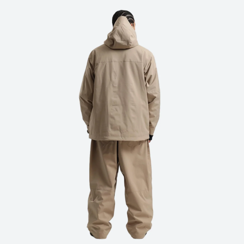 Men's waterproof 2L snow jacket and pants - tan jacket with tan pants, on-model back view, for cold-weather winter sports