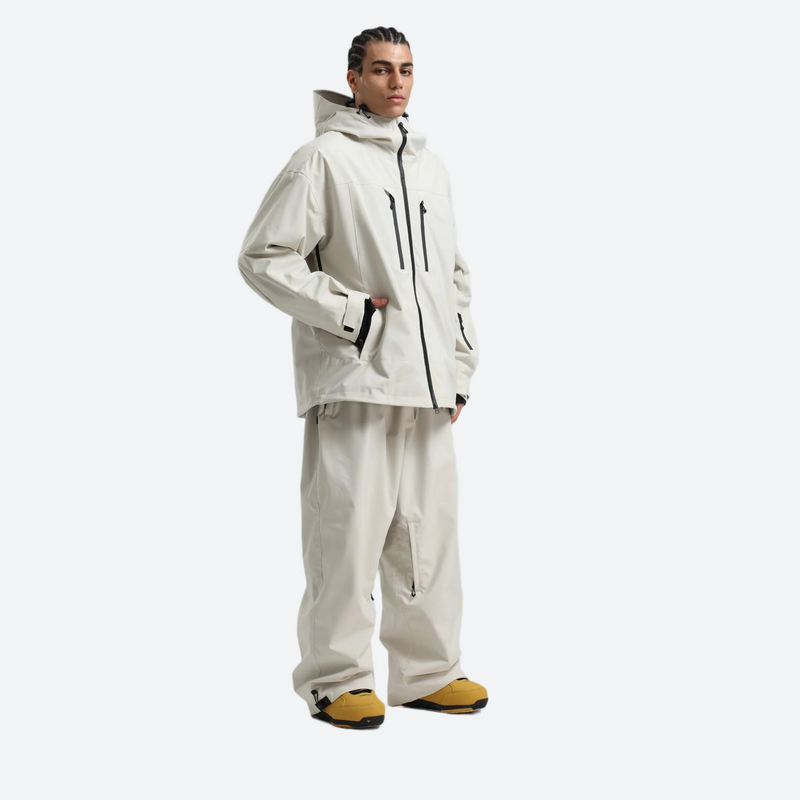 Men's waterproof 2L snow jacket and pants - white jacket with white pants, for powder days and winter commute