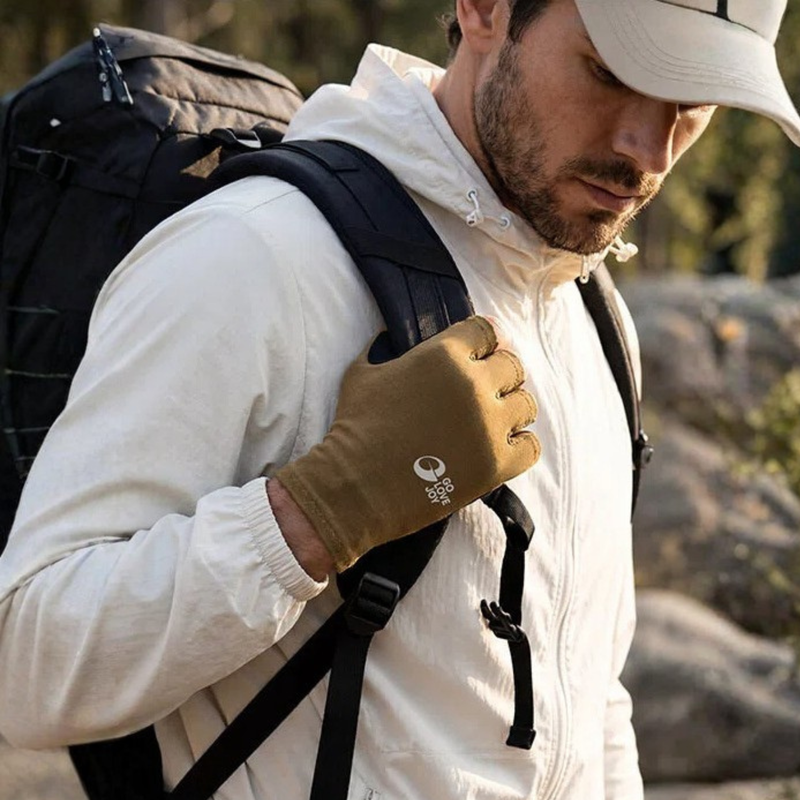 Merino wool full finger and half finger hiking gloves - merino wool half finger hiking gloves, brown backpack strap view