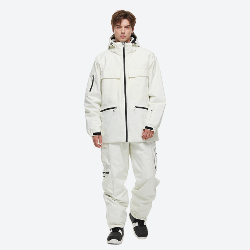 Men's breathable ski jacket with cargo pants - white jacket with white pants, for skiing and snowboarding