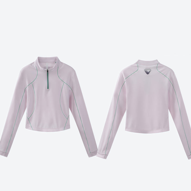 Women's stretchy fitted tee for outdoor - lavender white half-zip long sleeve tee, for travel and city walks