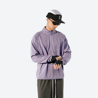 
                  
                    Unisex boxfleece half-zip sweatshirt - lavender boxfleece half-zip sweatshirt on men with cap and gloves, front standing view
                  
                