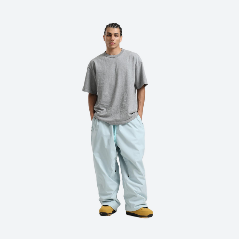 Men's 2-layer snowboard anorak and wide-leg pants - ice blue snow pants, on-model front view, for resort and street wear