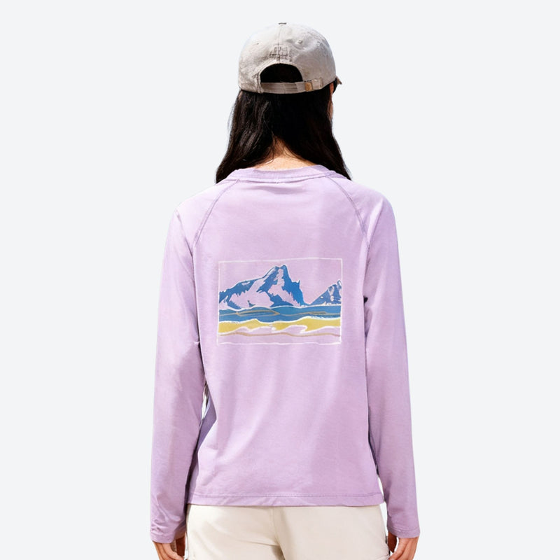 Women's 17.5 micron merino wool moisture-wicking baselayer - lavender merino wool baselayer long-sleeve with mountain graphic