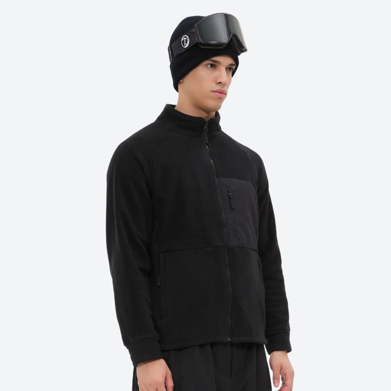 Soft warm fleece liner jacket for cold days - black fleece liner jacket on men with helmet, for skiing and snowboarding