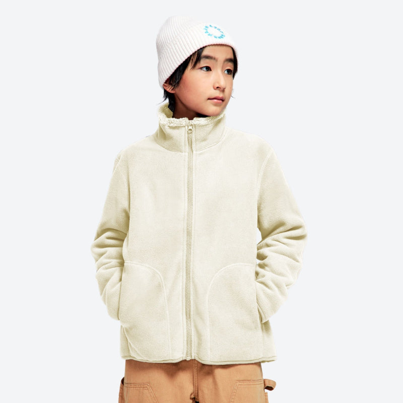 Kids' soft warm fleece jacket with hand pockets - cream kids fleece jacket with stand collar and beanie