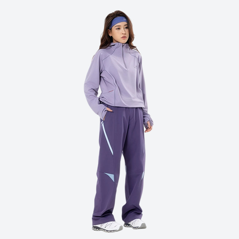Breathable quick-dry trail pants with cargo pockets - purple cargo hiking pants on kid model with lavender jacket