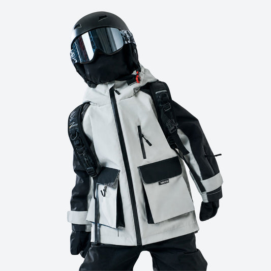 Kids snowboard jacket bibs and pants combo - white black kids jacket, on-model back view, for snow play and winter commute