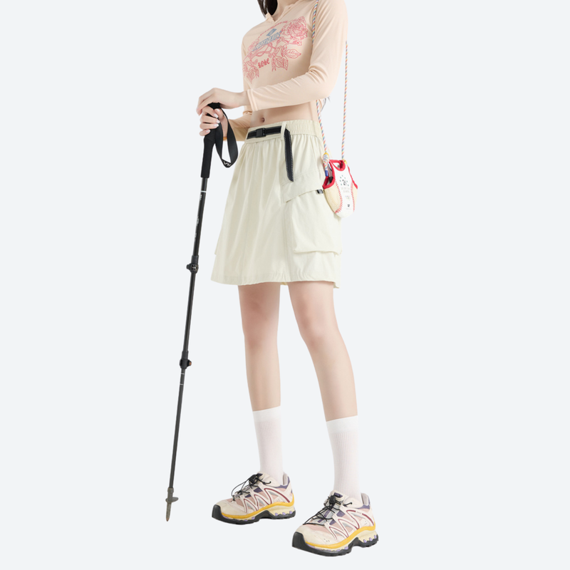 Women's cargo skort with elastic waistband - cream cargo skort with built-in shorts, for camping and outdoor weekends