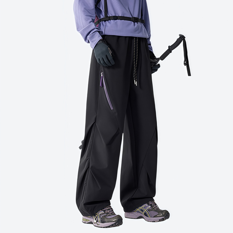 Breathable 650+ fill power duck down snow pants - black down pants with lavender top, for resort and backcountry days