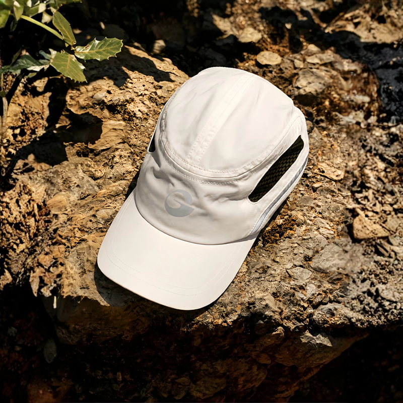 38g trail running cap with sweat absorption - white featherlight running cap on rock, for cycling and commuting