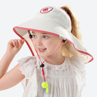 
                  
                    Bubble kids sun hat UPF50 with detachable neck flap - white kids sun hat with pink trim on girl, for travel and city walks
                  
                