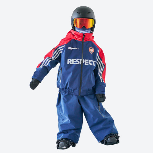 Kids colorblock snowboard jacket with snow pants - blue red colorblock kids jacket with blue pants, F with helmet