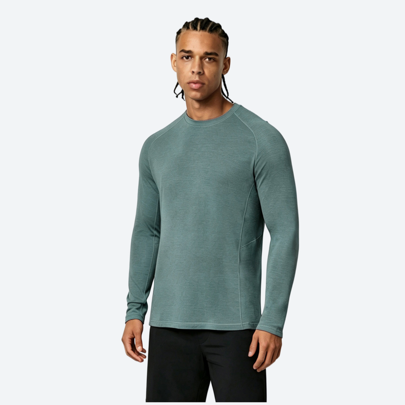 Men's soft merino wool quick-dry tee for outdoor - teal merino wool quick-dry base layer top on men, back standing view