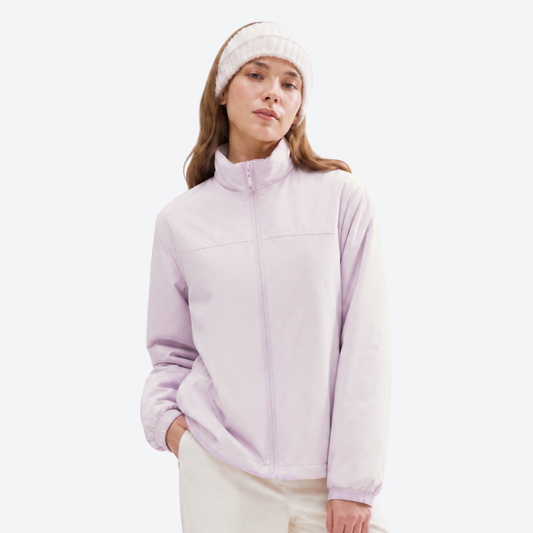 Packable water-repellent down jacket for cold days - light pink ultralight down jacket on women with headband