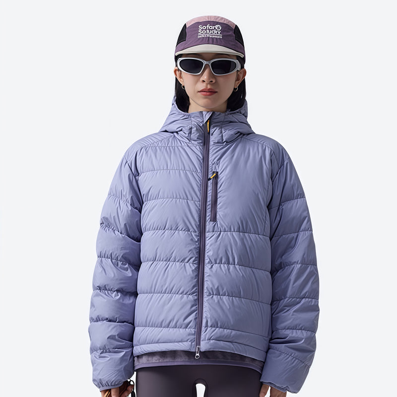 Warm waterproof puffer jacket with hood - lavender waterproof duck down hooded jacket on women with visor and sunglasses