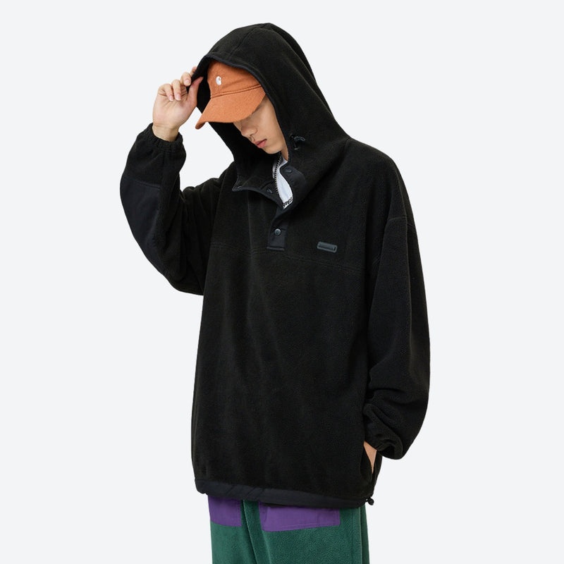 Soft relaxed mid-layer pullover for outdoor - black hooded mid-layer pullover with cap, for travel and city walks