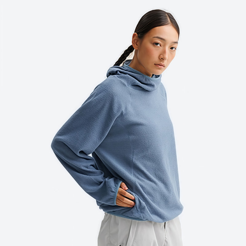 Breathable quick-dry pullover with funnel hood - blue hooded mid-layer pullover on women, for travel and city walks