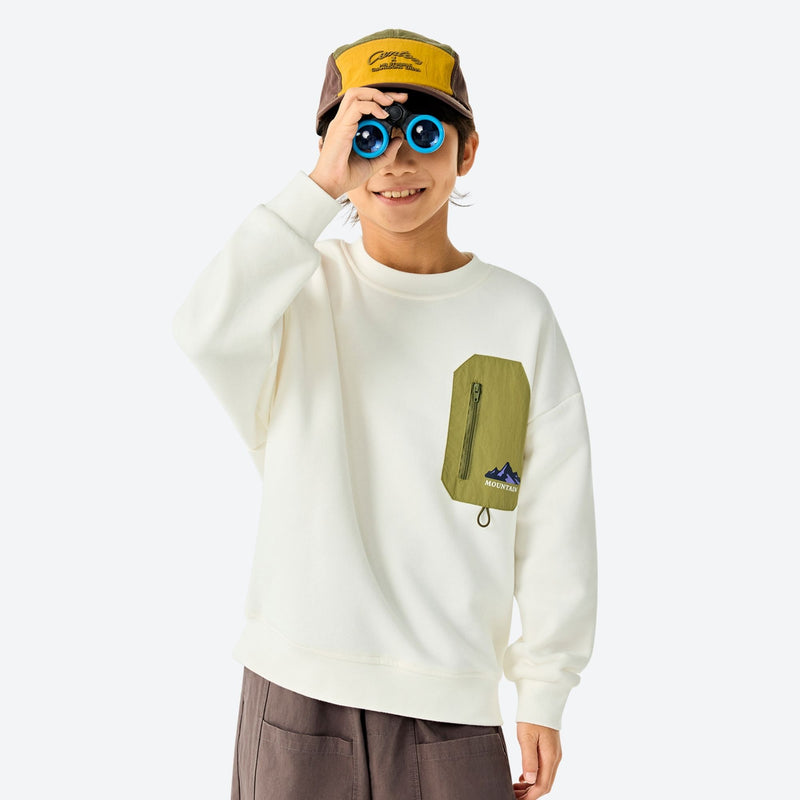 Kids' anti-static fleece top for cold days - cream kids fleece sweatshirt with olive pocket and cap, for kids outdoor sports