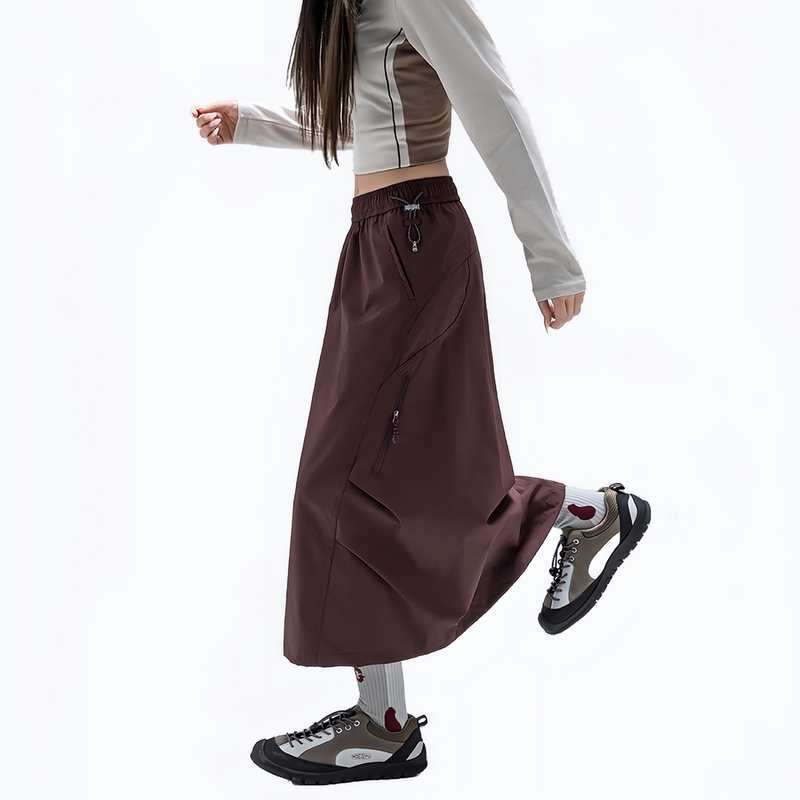 Outdoor long skirt with side zip pockets - wine red water-repellent long skirt on women, for travel and city walks