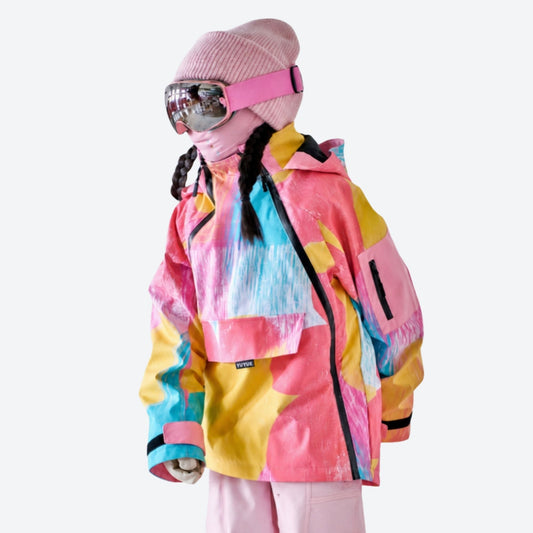 Kids print snowboard anorak with bib pants - pink multicolor print kids anorak, for snow play and winter commute