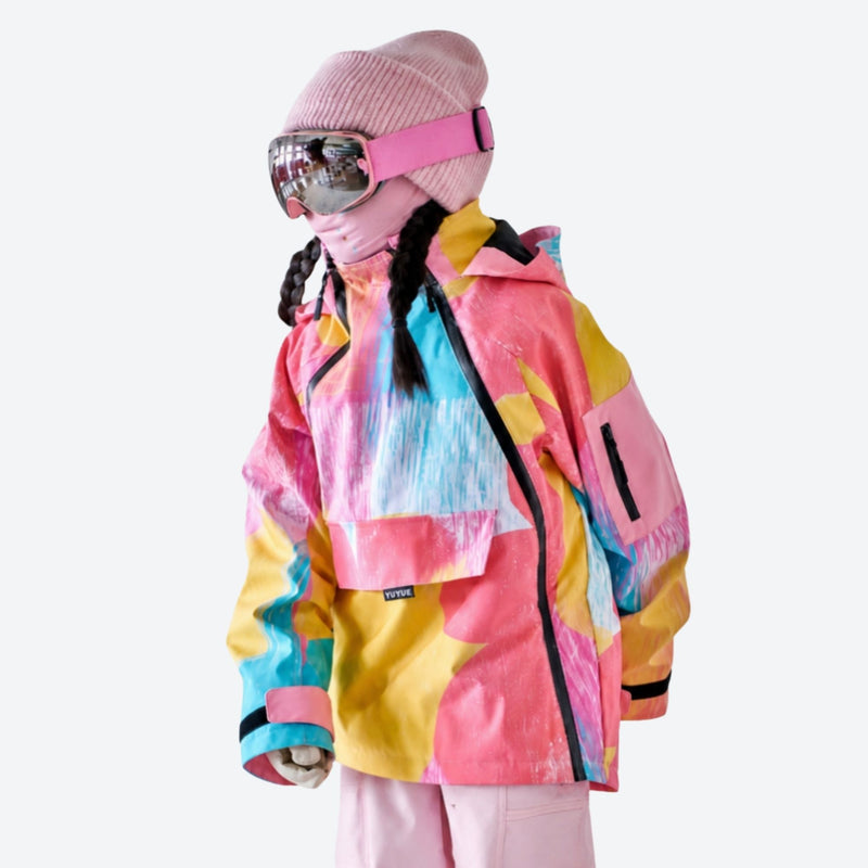 Kids print snowboard anorak with bib pants - pink multicolor print kids anorak, for snow play and winter commute