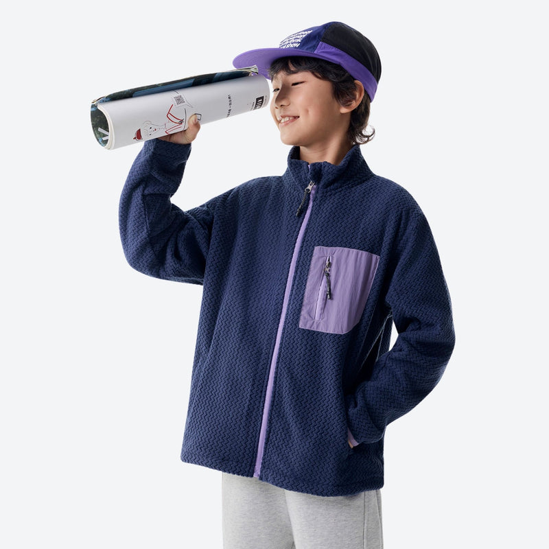 Kids' soft wavy fleece jacket with contrast pocket - navy wavy fleece kids mid-layer jacket with purple pocket and cap