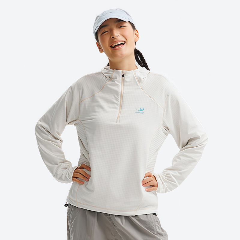 Lightweight quick-dry pullover for outdoor - white quick-dry lightweight half-zip mid-layer on women with cap