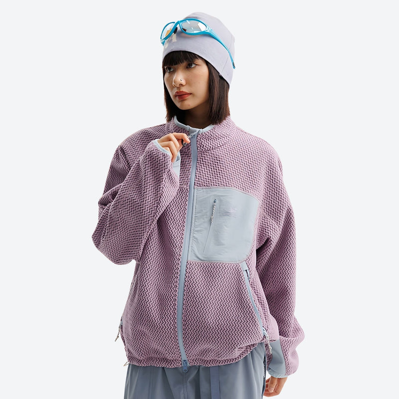 Wrinkle-resistant heat-lock fleece jacket with full zip - lavender wavy fleece mid-layer jacket on women with beanie and gogg
