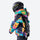 Kids print snowboard jacket with snow pants - multicolor print kids jacket, side view with backpack, for family resort trips